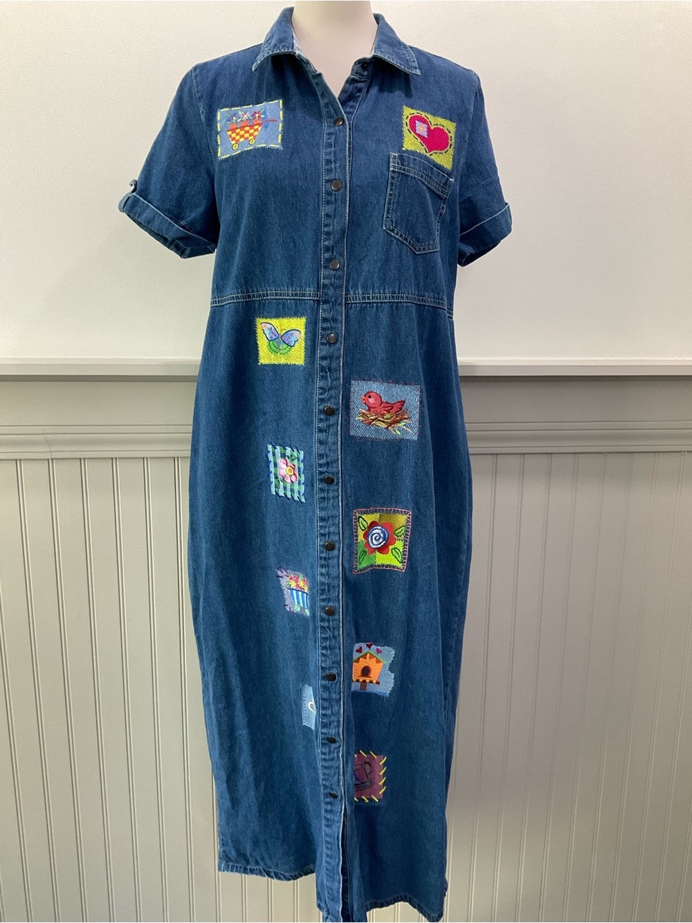 Vintage/Y2K Embroidered Patchwork Denim Midi Dress Cottagecore Snap Front 12/14
